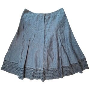 Navy Blue‎ Midi Skirt 12 Linen A-line Crochet Trim Cottage Coastal Grandmother